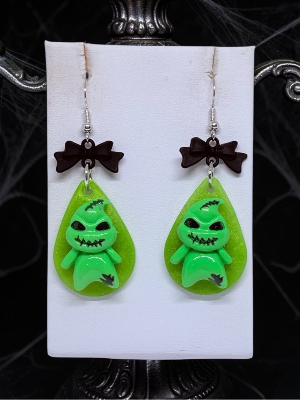 Oogie Inspired Green Ghost Teardrop Dangle Resin Earrings with Black  Bows